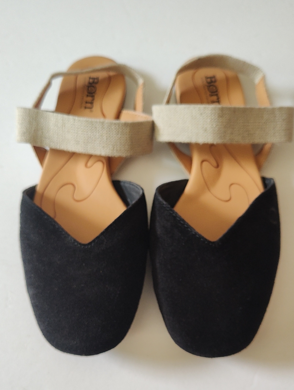 BORN Black Suede Ballet Flats with Tan Elasticized Straps Size 8